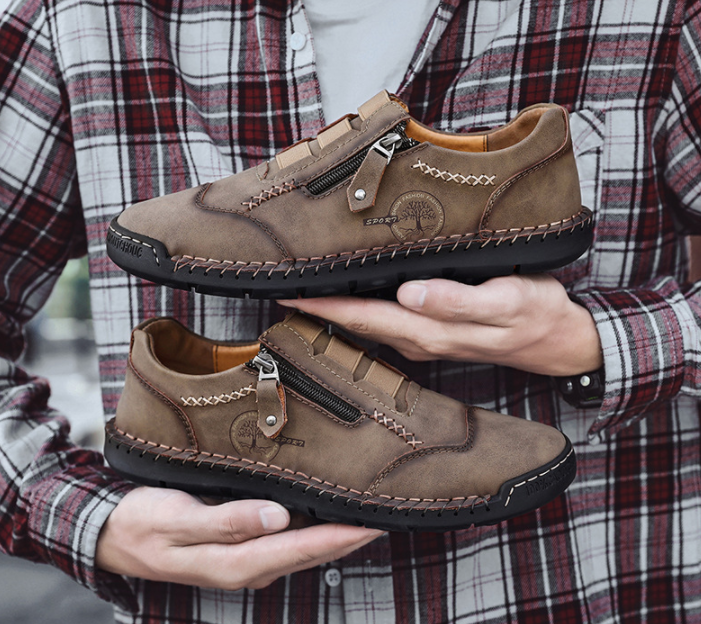 Zapatos casuales de cuero de microfibra con costuras a mano con cremallera lateral - MXbueno