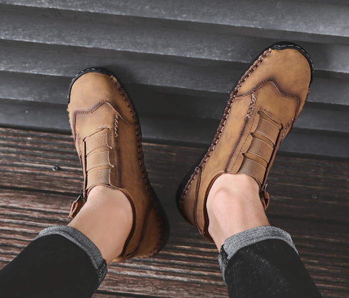 Zapatos casuales de cuero de microfibra con costuras a mano con cremallera lateral - MXbueno