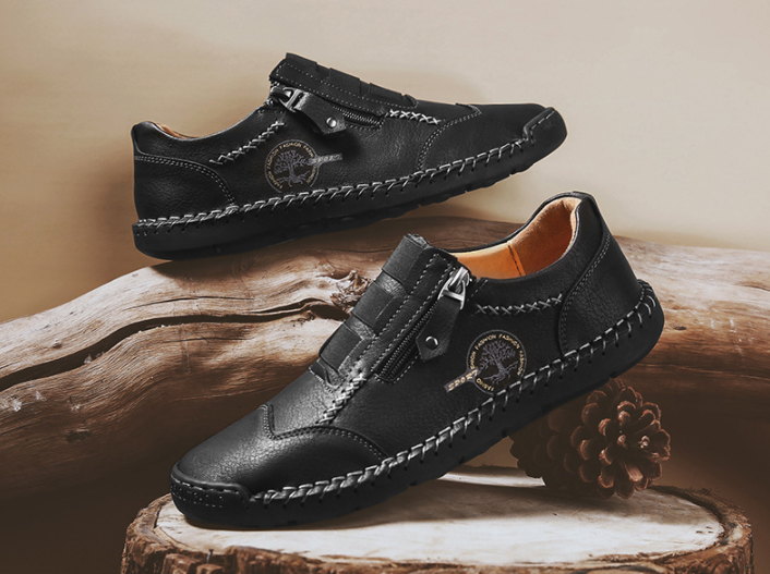 Zapatos casuales de cuero de microfibra con costuras a mano con cremallera lateral - MXbueno