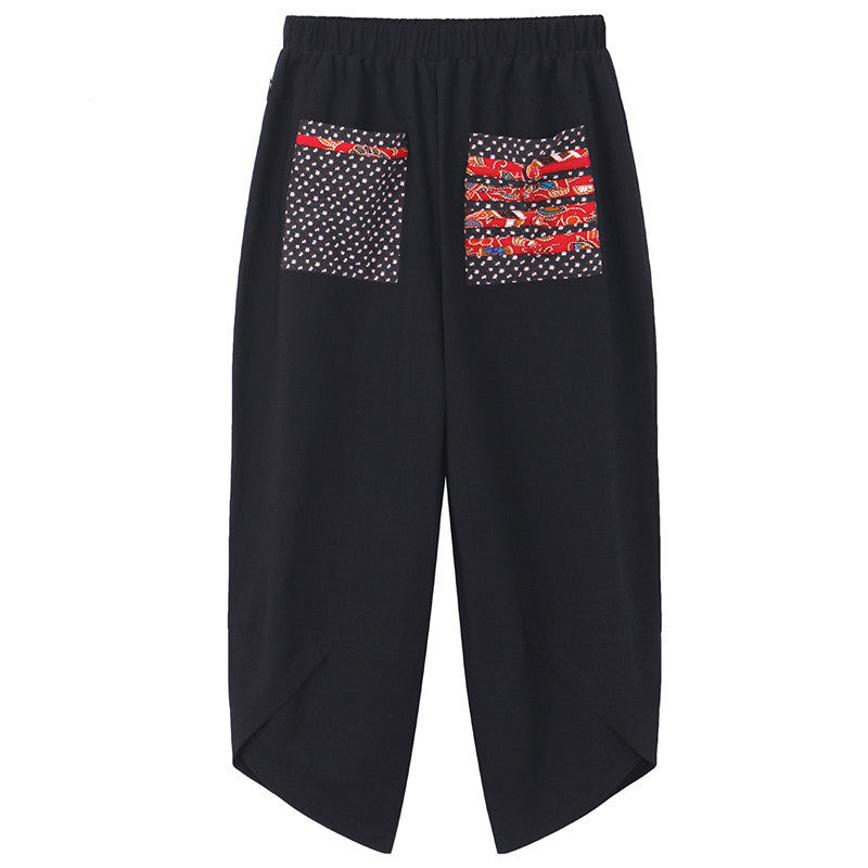 Vintage mujeres Patchwork Pokcet cintura elástica pantalones de pierna ancha y lino