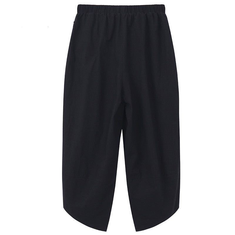 Vintage mujeres Patchwork Pokcet cintura elástica pantalones de pierna ancha y lino