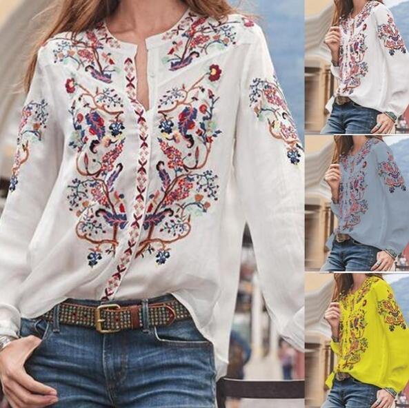Camisa de mujer de manga larga con cuello alto estampado de moda - MXbueno