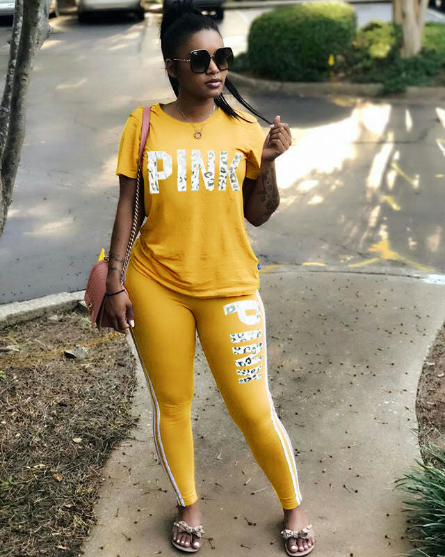 JUEGO DE DOS PIEZAS CASUAL DE MANGA CORTA STRIPE IMPRESO EN LETRA