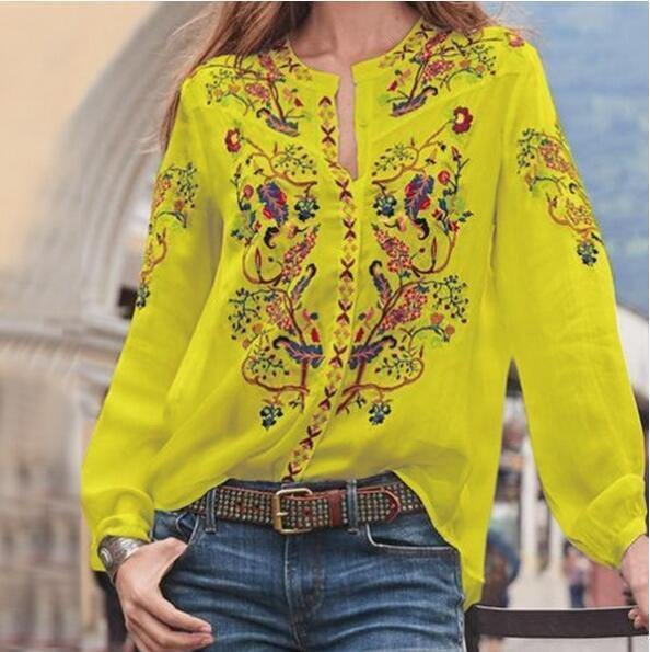 Camisa de mujer de manga larga con cuello alto estampado de moda - MXbueno