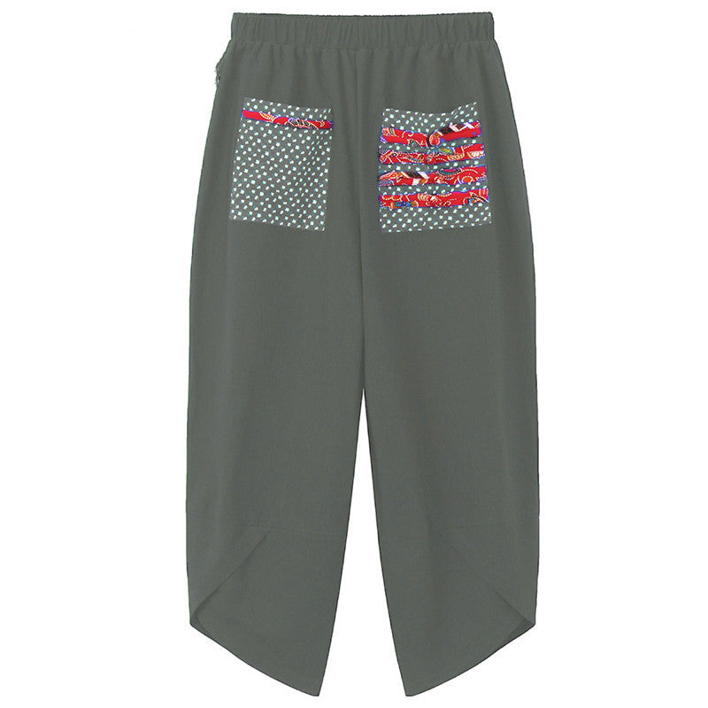 Vintage mujeres Patchwork Pokcet cintura elástica pantalones de pierna ancha y lino