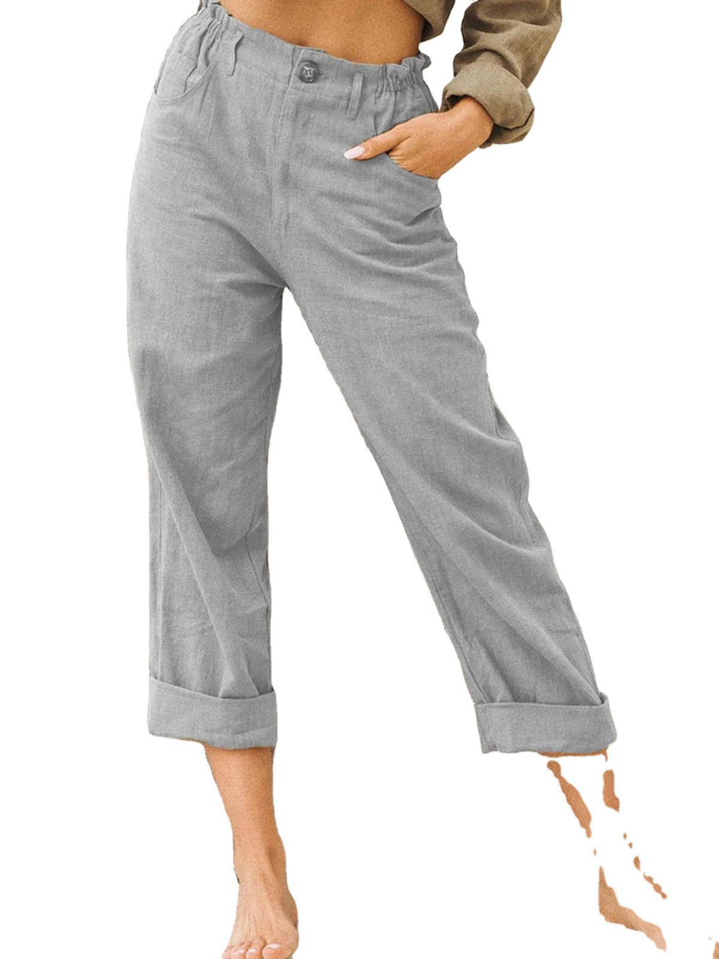 [W-Ropa] Nuevos Pantalones Casuales De Cintura Alta Sueltos De Moda De Lino Y Algodón De Color Sólido Para Mujer