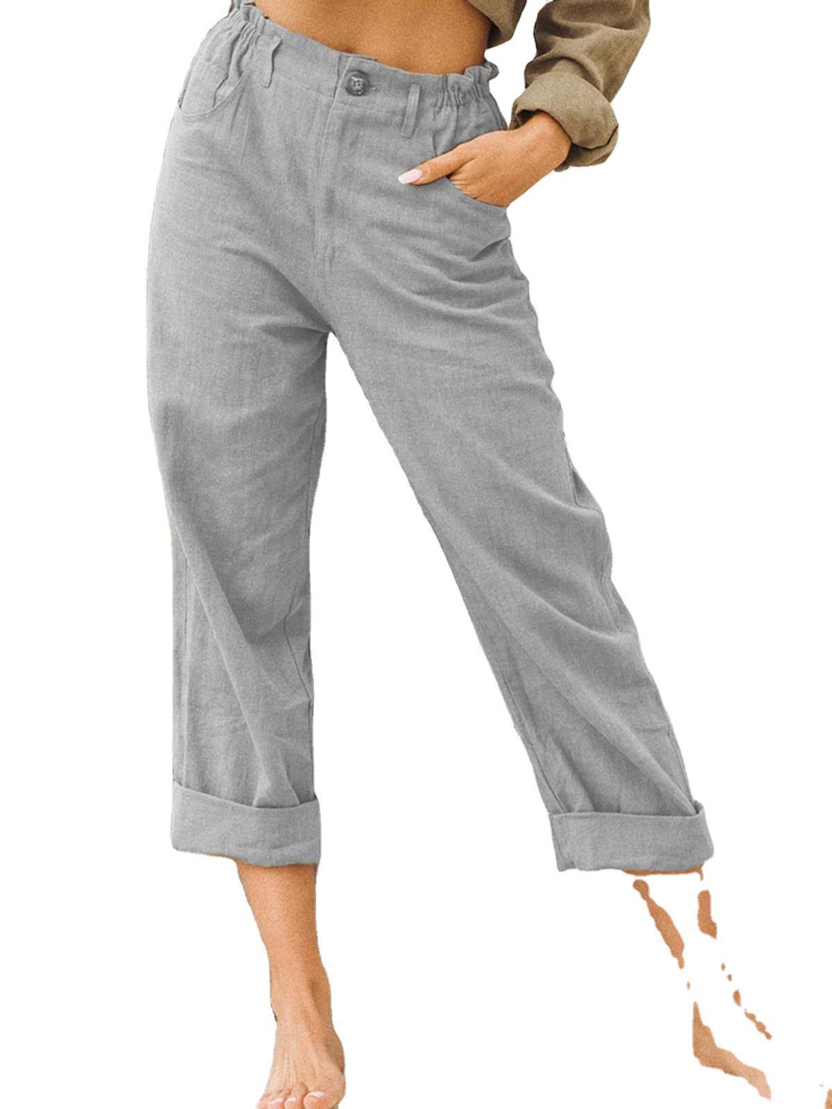 [W-Ropa] Nuevos Pantalones Casuales De Cintura Alta Sueltos De Moda De Lino Y Algodón De Color Sólido Para Mujer