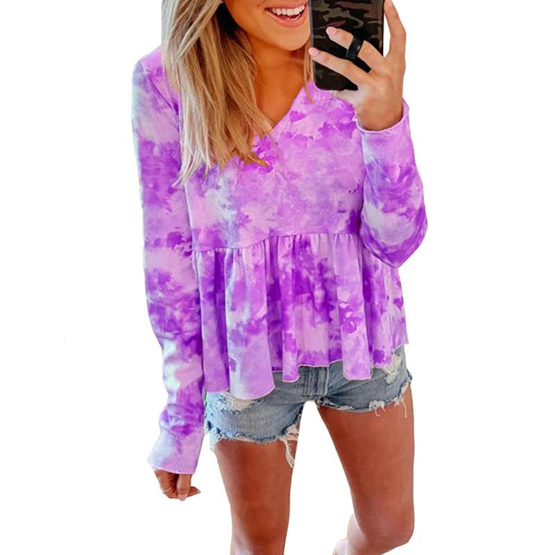 Camiseta De Manga Larga Con Cuello De Pico Y Tie-dye