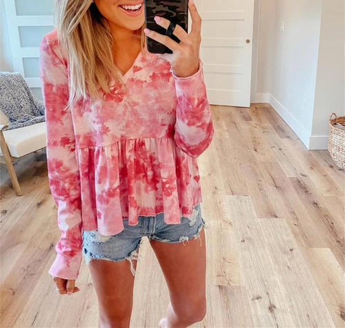 Camiseta De Manga Larga Con Cuello De Pico Y Tie-dye