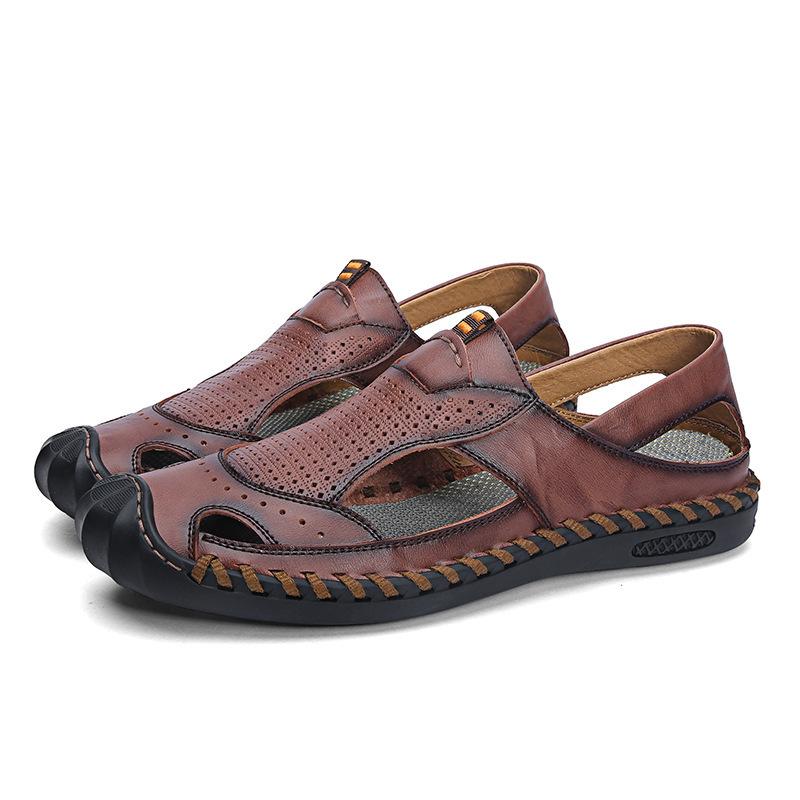 Sandalias De Cuero Suave Para Exteriores Cosidas A Mano