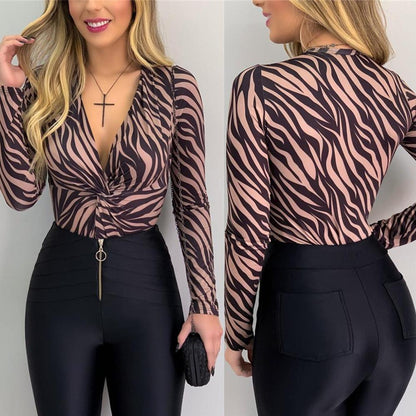 Top Delgado De Una Pieza De Una Pieza Con Estampado Animal Y Cuello En V