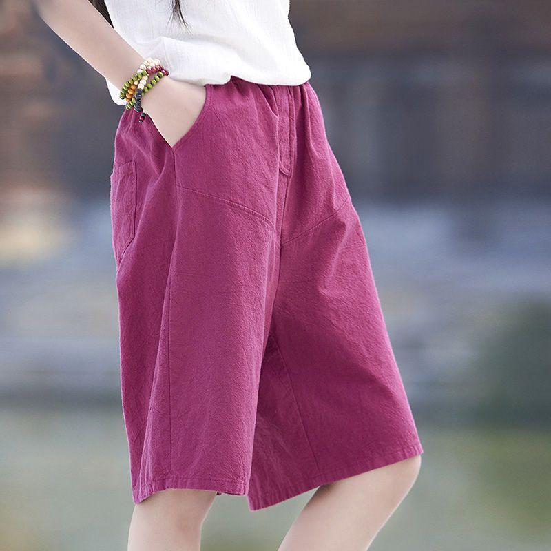 [W-Ropa] Pantalones Anchos De Algodón Y Lino De Media Longitud