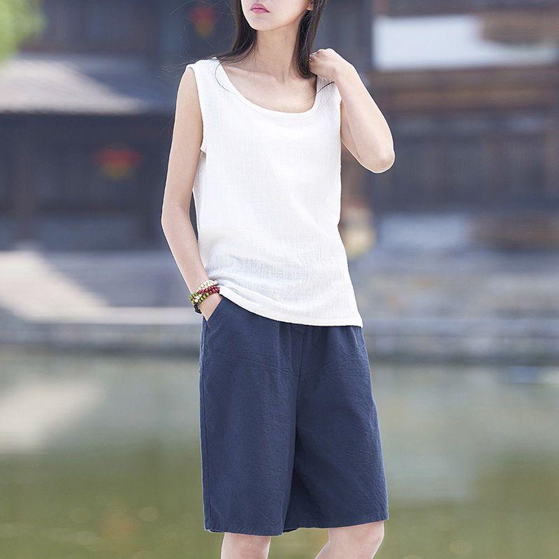 [W-Ropa] Pantalones Anchos De Algodón Y Lino De Media Longitud