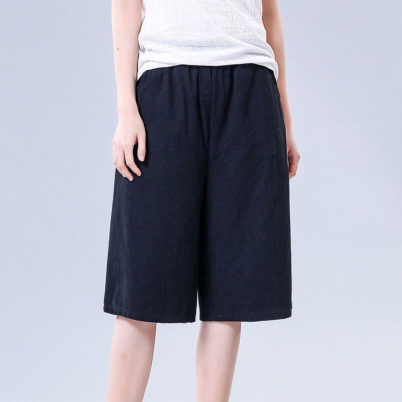 [W-Ropa] Pantalones Anchos De Algodón Y Lino De Media Longitud