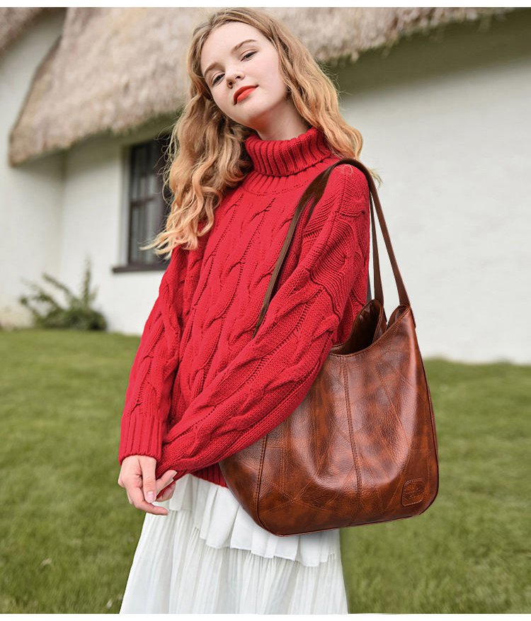 Bolso Grande De 3 Capas Con Textura De Piel Suave