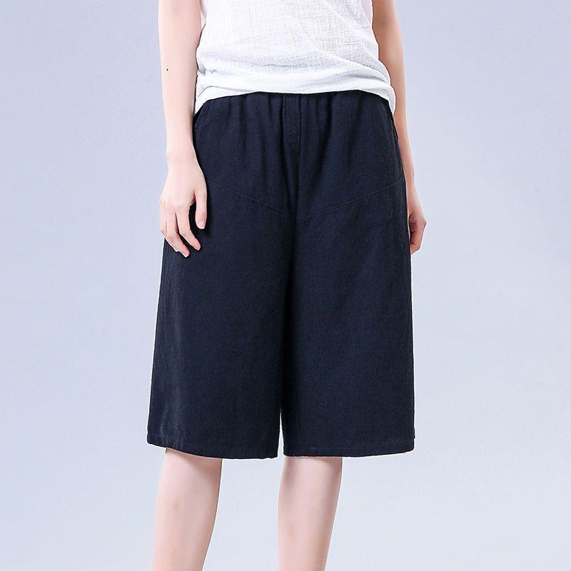 [W-Ropa] Pantalones Anchos De Algodón Y Lino De Media Longitud