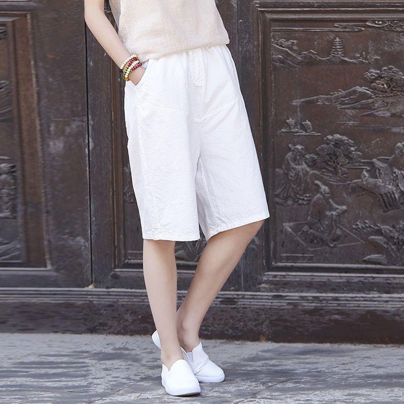 [W-Ropa] Pantalones Anchos De Algodón Y Lino De Media Longitud