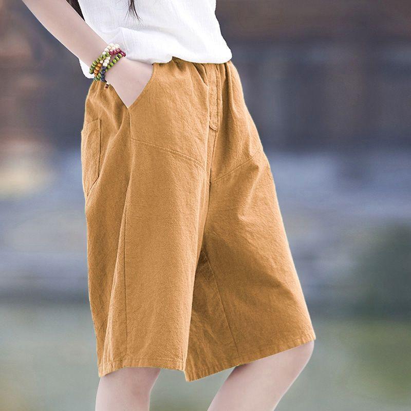 [W-Ropa] Pantalones Anchos De Algodón Y Lino De Media Longitud