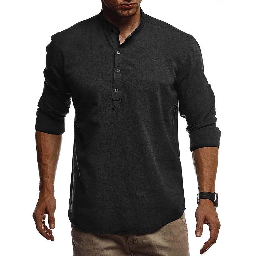 Camisa de algodón y lino de manga larga con cuello alto - MXbueno