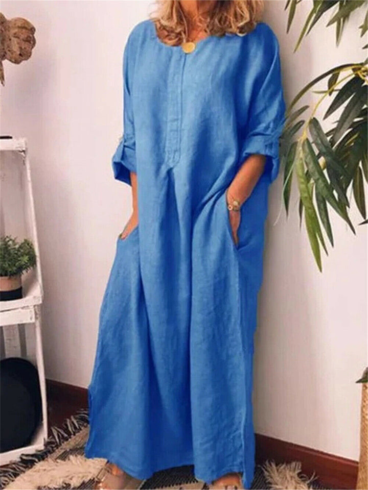 [W-Ropa] Hotouch Solid Loose Linen Long Shirt Dress