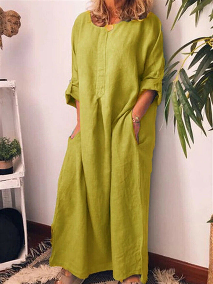 [W-Ropa] Hotouch Solid Loose Linen Long Shirt Dress