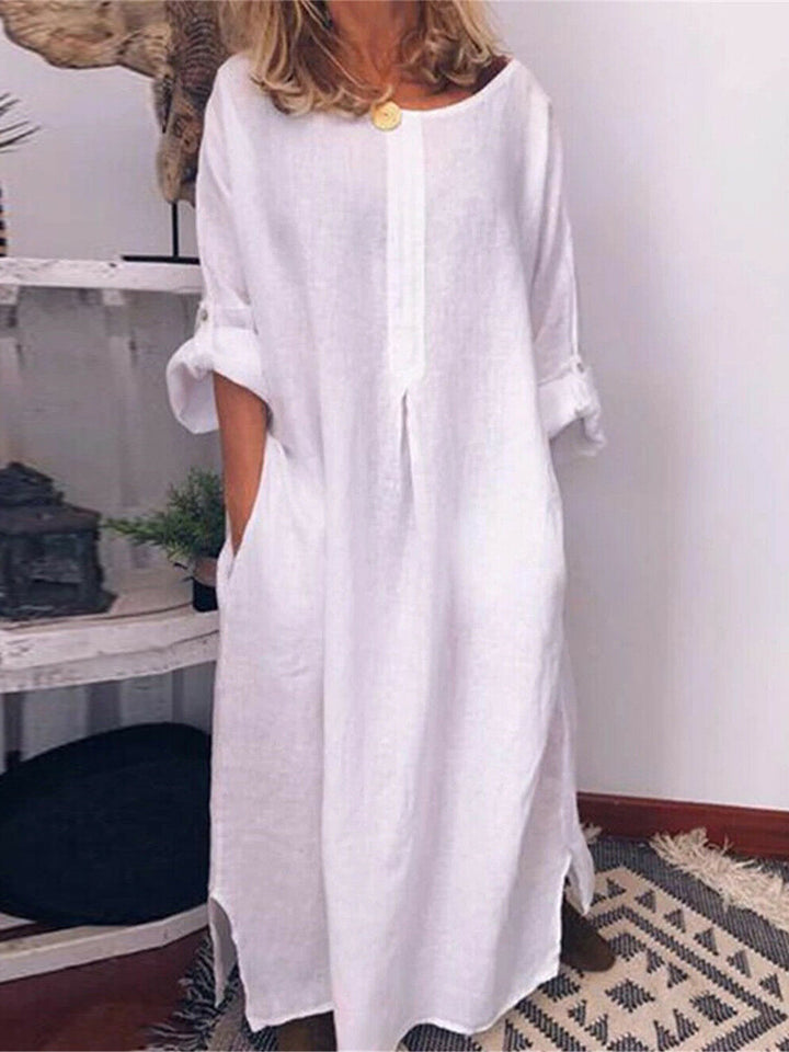 [W-Ropa] Hotouch Solid Loose Linen Long Shirt Dress