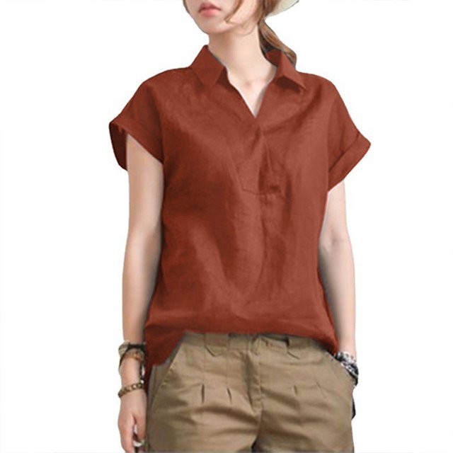 [W-Ropa] Camiseta Elegante Y Holgada De Algodón Y Lino Con Cuello De Pico