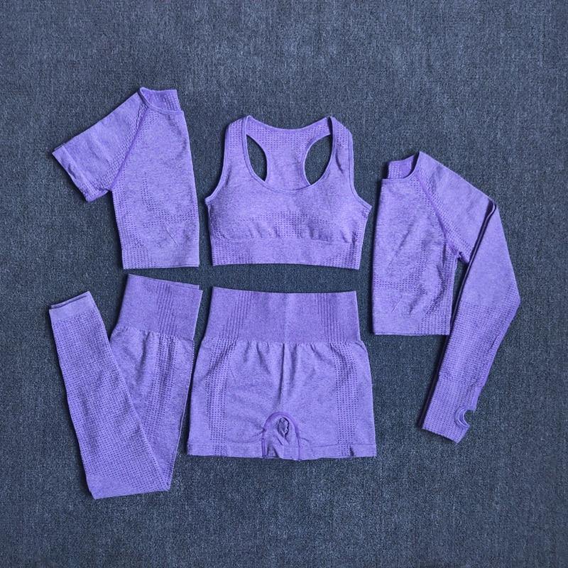 2/3/5PCS Seamless Women Yoga Set Workout Sportswear Gym Clothing Fitness Long Sleeve Crop Top High Waist Leggings Sports Suits - MXbueno