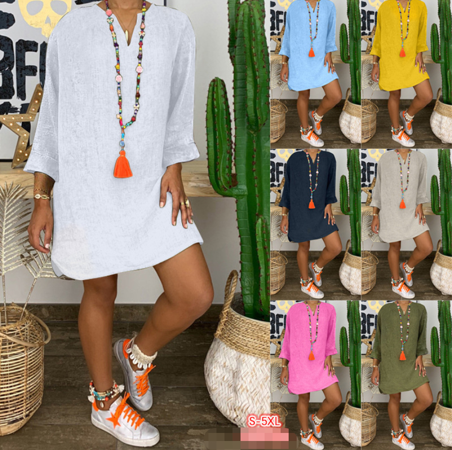 Falda holgada de algodón y lino de manga larga