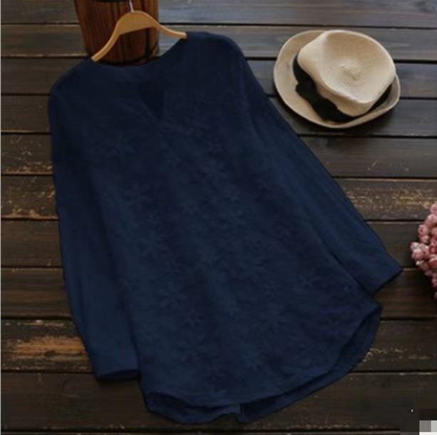 Camisa de manga larga con bordado de encaje de mujeres europeas y americanas.