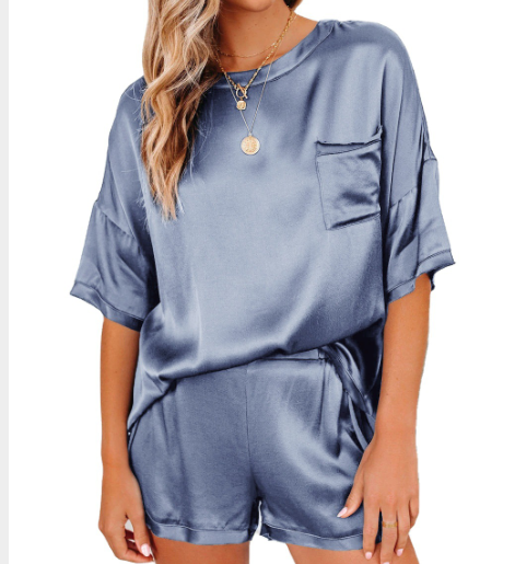 Traje de servicio a domicilio de pijamas de manga corta con cuello redondo y hombros caídos anti-seda de color puro