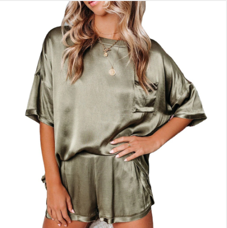 Traje de servicio a domicilio de pijamas de manga corta con cuello redondo y hombros caídos anti-seda de color puro