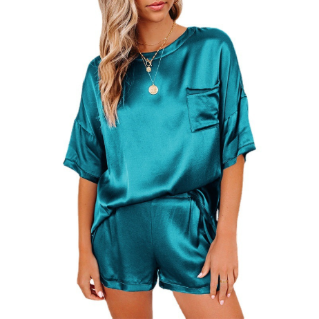 Traje de servicio a domicilio de pijamas de manga corta con cuello redondo y hombros caídos anti-seda de color puro