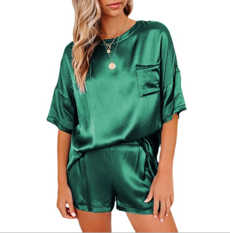 Traje de servicio a domicilio de pijamas de manga corta con cuello redondo y hombros caídos anti-seda de color puro