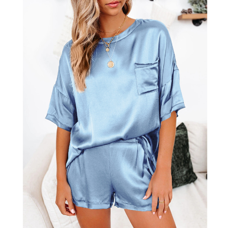 Traje de servicio a domicilio de pijamas de manga corta con cuello redondo y hombros caídos anti-seda de color puro