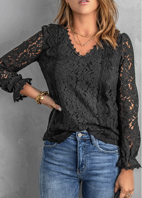 [W-Ropa] Chaqueta De Encaje De Manga Larga De Encaje Sólido