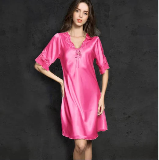 Ropa de dormir de encaje de seda de hielo de manga corta