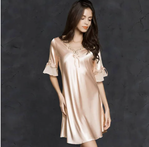 Ropa de dormir de encaje de seda de hielo de manga corta