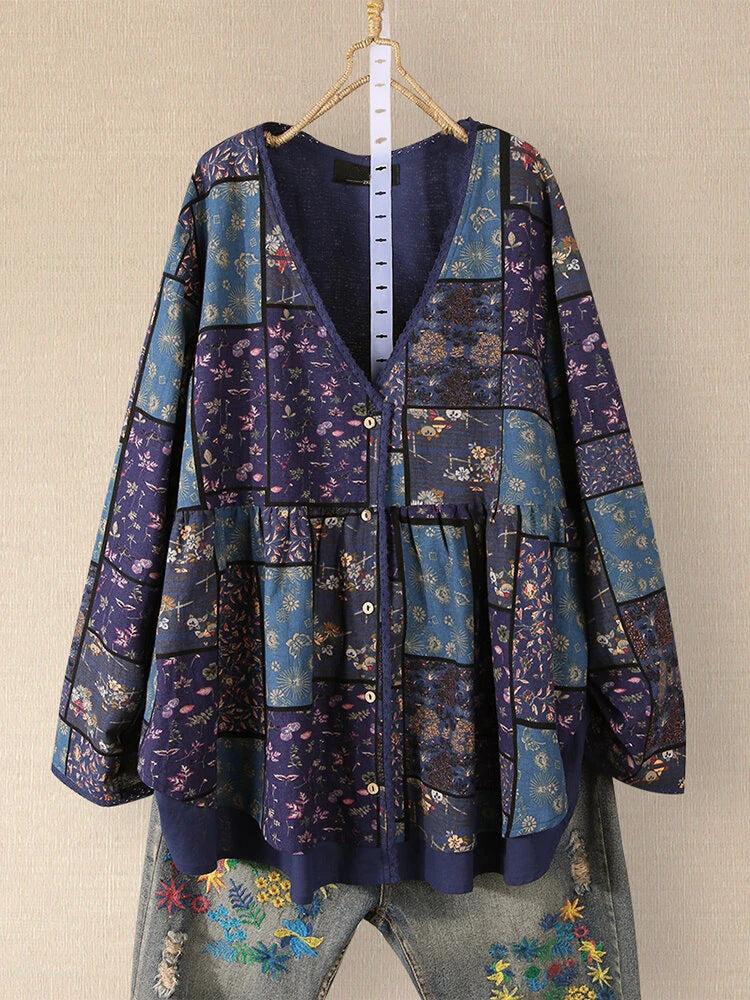 Camisa Estampada De Manga Larga Camisa Holgada De Talla Grande