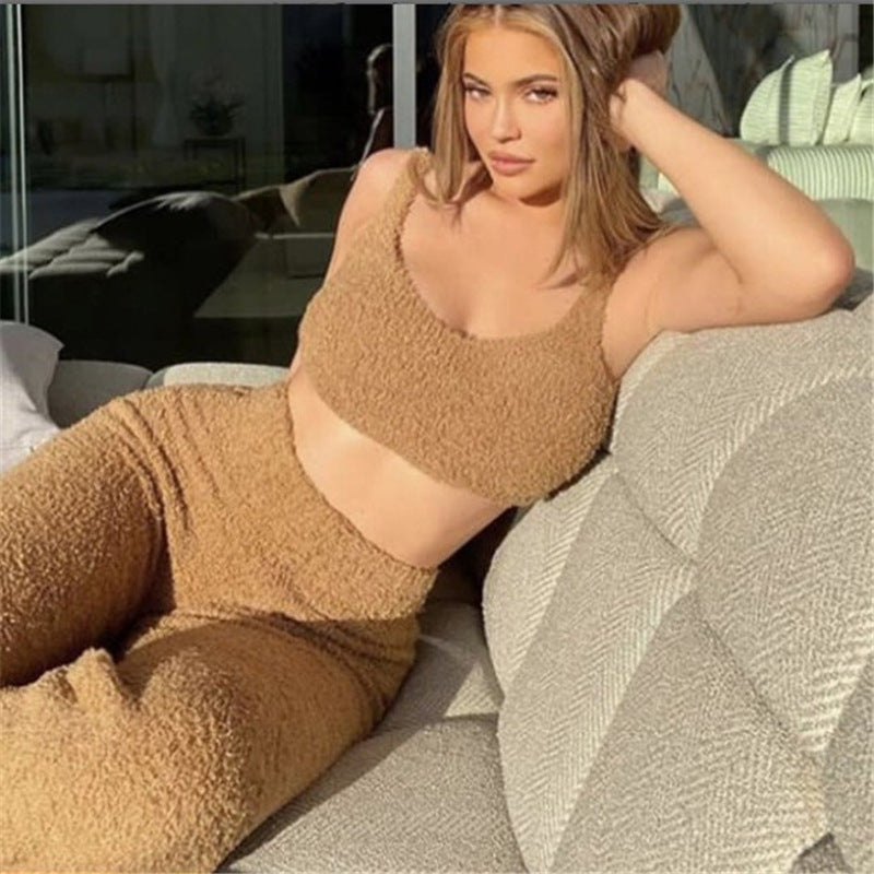 Conjunto De Ropa De Salón Mullido (top Corto Y Pantalones)