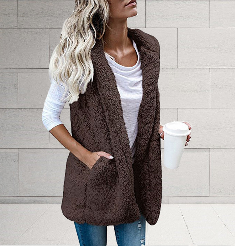 Chaleco De Bolsillo Con Capucha Y Sin Mangas De Color Sólido De Moda Para Mujer De Talla Grande Y Chaleco De Piel