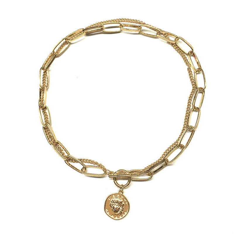 Collar Con Colgante De Cabeza De Marca Redonda Irregular De Moda Collar De Cadena Doble Simple Para Mujer