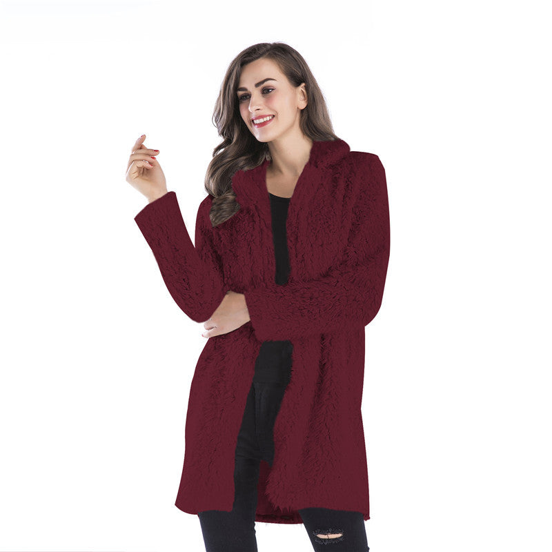 Gran Oferta Otoño E Invierno Abrigo De Lana De Color Sólido Abrigo De Lana De Longitud Media De Felpa Con Solapa Para Mujer