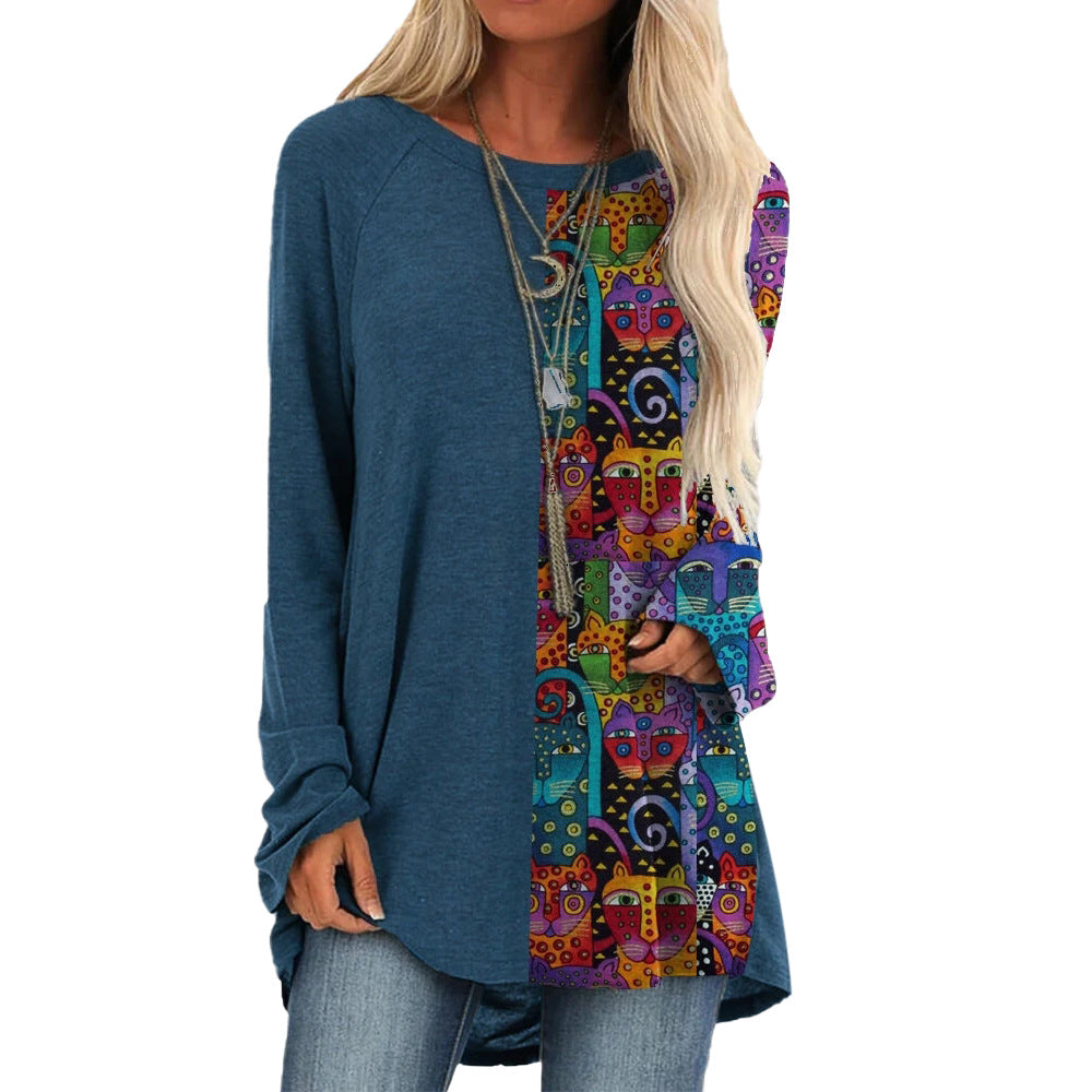 [W-Ropa] Camiseta Estampada De Largo Medio Con Bloques De Color