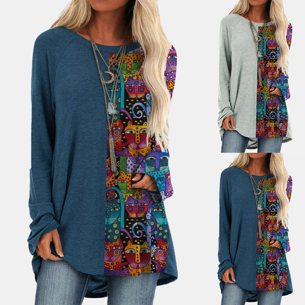 [W-Ropa] Camiseta Estampada De Largo Medio Con Bloques De Color