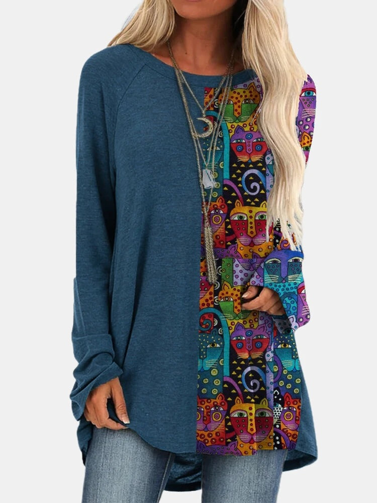 [W-Ropa] Camiseta Estampada De Largo Medio Con Bloques De Color