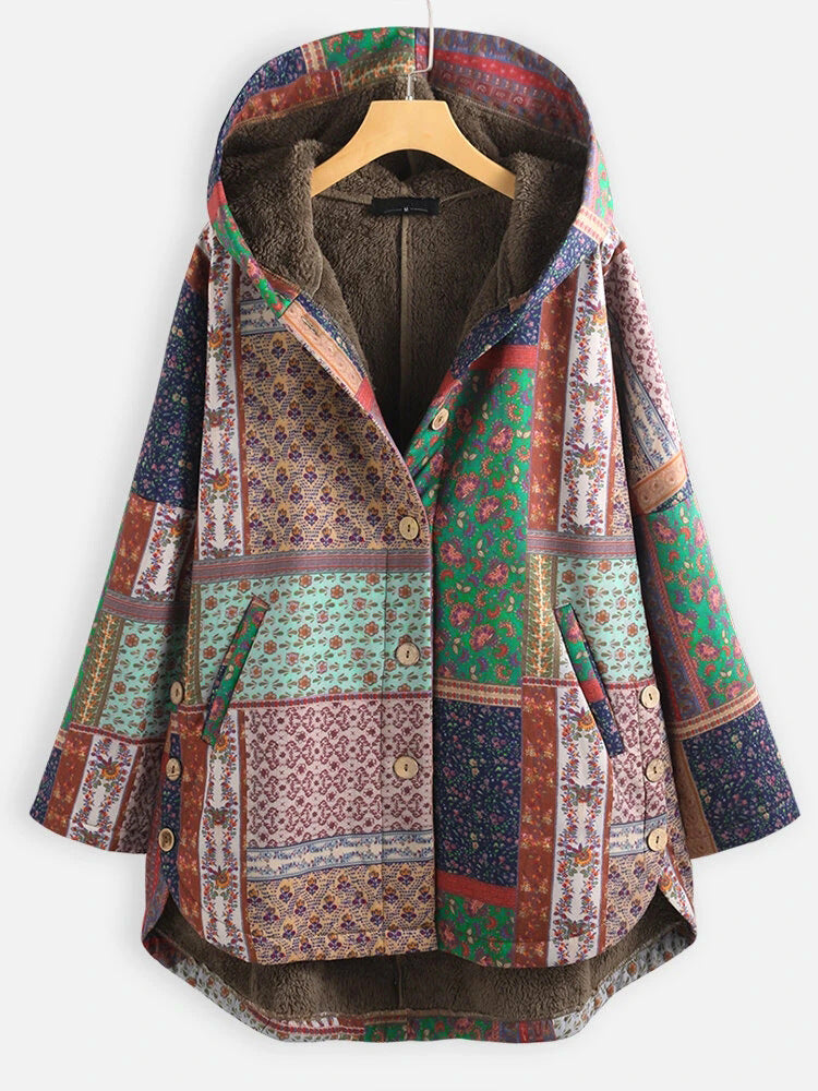 Chaqueta Acolchada De Estilo étnico Con Capucha Suelta Y Talla Grande Más Grueso De Terciopelo Para Mujer