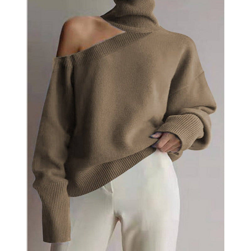 Otoño E Invierno, Cuello Alto, Cuello Alto, Hombro Oblicuo, Jersey Sin Tirantes, Suéter De Punto De Color Sólido Sexy Para Mujer