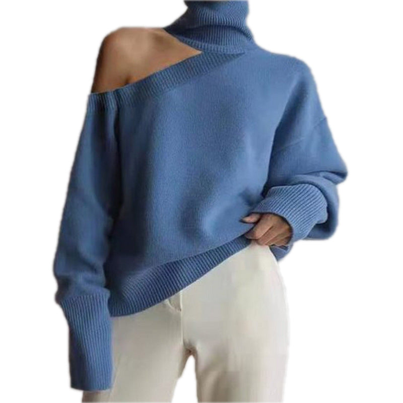 Otoño E Invierno, Cuello Alto, Cuello Alto, Hombro Oblicuo, Jersey Sin Tirantes, Suéter De Punto De Color Sólido Sexy Para Mujer
