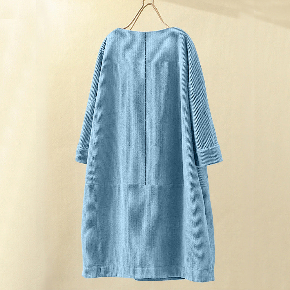 Vestido De Pana Holgado Con Cuello Redondo Y Manga Tres Cuartos